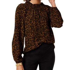 Leopard Print Smocked Blouse Medium Flowy Baddie Long Sleeve Top Talbots